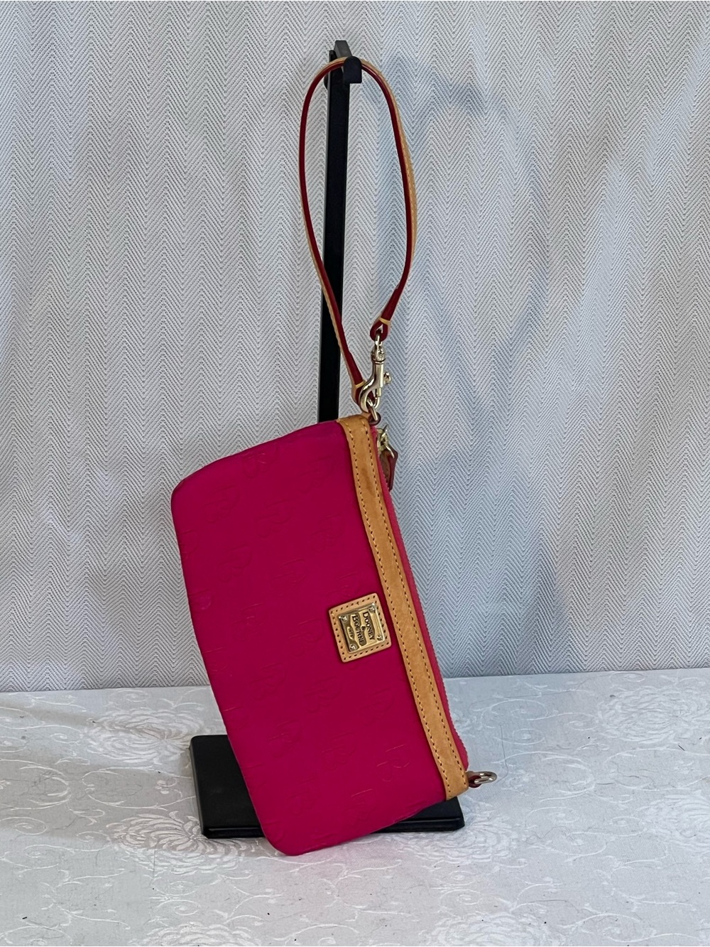Dooney & Bourke City Slim Wristlet  Purse Pink Debossed Monogram Tan Leather